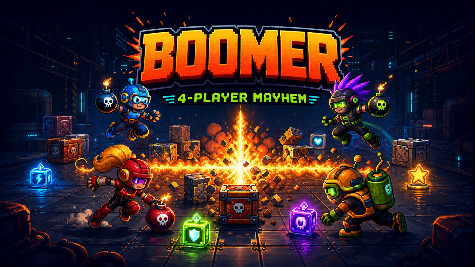 Boomer: four pixel-art bombers in a crate-strewn arena.