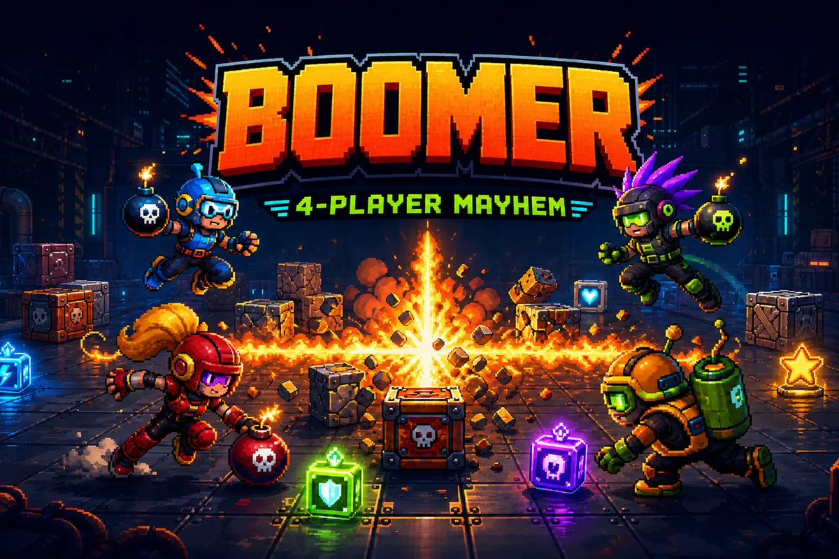 Boomer key art: four pixel-art bombers dodging a chain explosion in an industrial arena