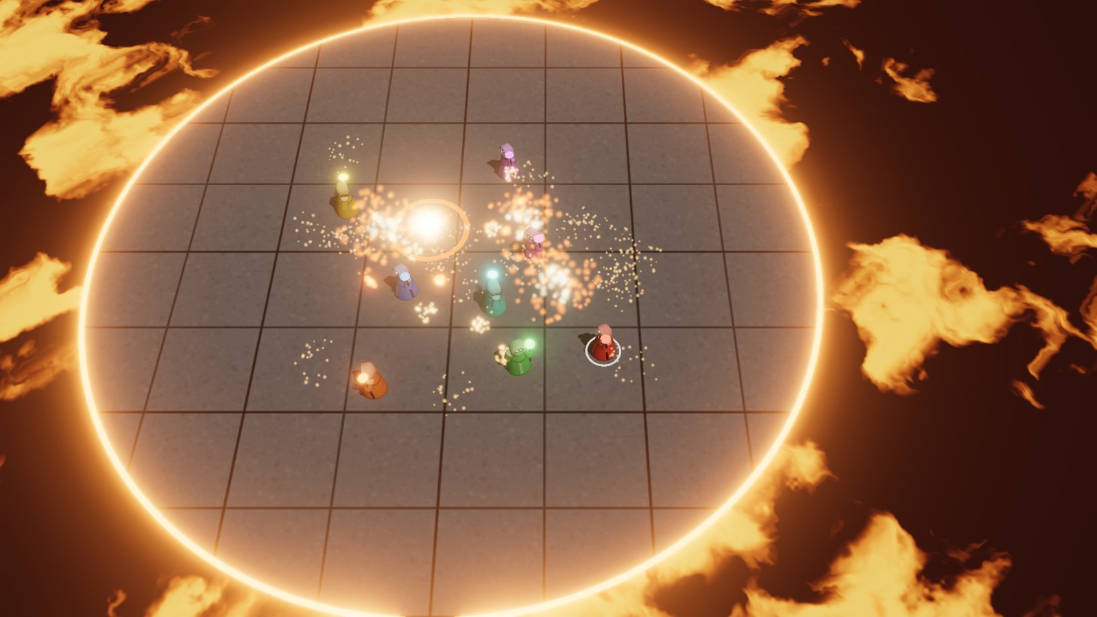 Warlocks: spellcasters duelling on a platform ringed by lava.