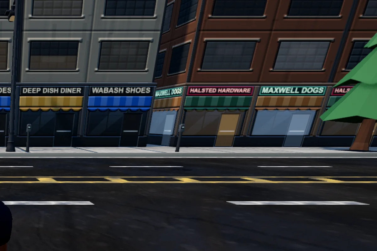 WINDY CITY screenshot: a Chicago street of brick storefronts under a grey sky